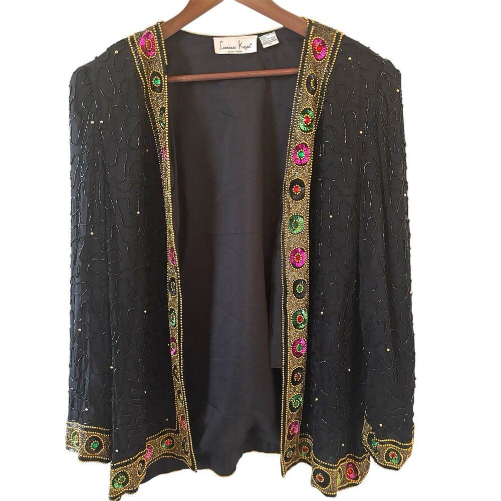 Vintage‎ Laurence Kazar Cardigan Jacket 100% Silk Sz XL Sequin Beaded Party Glam
